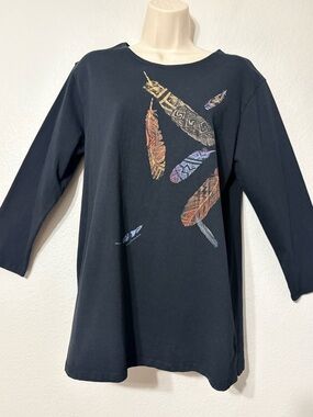 Sabaku Artwear "Painted Feathers" 3/4 Sleeve Black Cotton Artsy Top. M USA